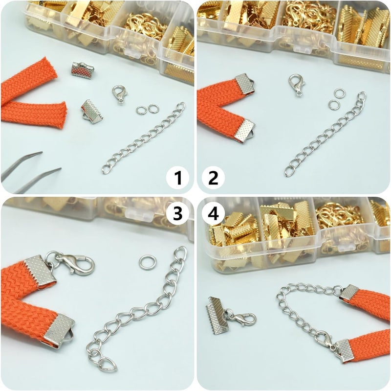 SHRJ Ribbon Crimp Clamp Ends Lobster Clasps Jump Rings Chain Extenders Bookmark Pinch Cord End Clasps with Tweezers for DIY Making Bookmark Pinch Bracelet Choker Necklace, Gold Silver - Image 4